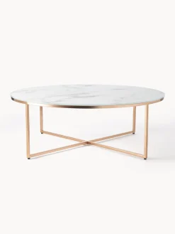 Mesa De Centro Grande Redonda Antigua, Tablero De Vidrio En Aspecto Marmol