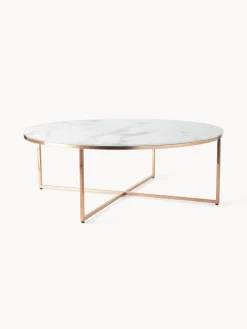 Mesa De Centro Grande Redonda Antigua, Tablero De Vidrio En Aspecto Marmol